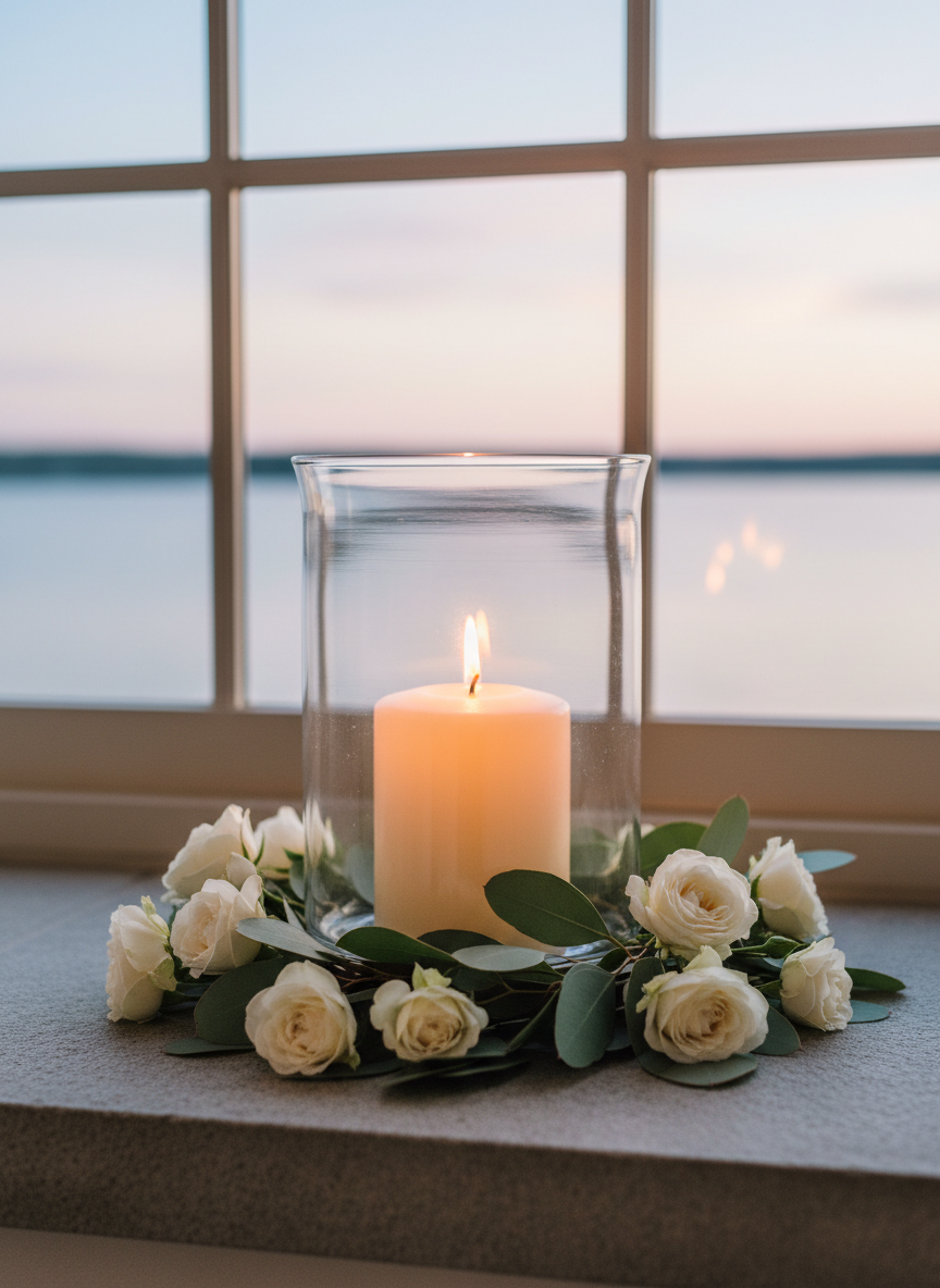 An atmospheric detail shot of a single ivory pillar candle burning inside a cylindrical glass hurricane, placed on a smooth stone ledge. Around the base of the hurricane, a loose ring of eucalyptus leaves and white spray roses adds organic texture and softness. In the background, an out-of-focus view of a tranquil lake at dusk is visible through a large window, with the sky transitioning from pale blue to gentle lavender. The candlelight and fading natural light interact to create a warm, reflective glow on the glass and stone surfaces. Captured at a low, intimate angle in photographic realism, the composition uses shallow depth of field to draw attention to the candle, evoking quiet remembrance, peace, and understated elegance.