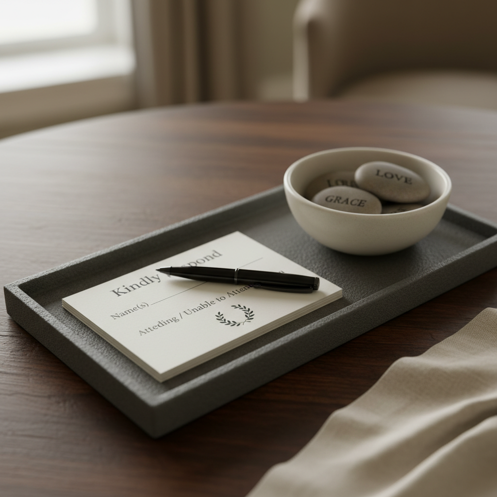 A close-up of an elegantly designed RSVP station for a memorial event, featuring a slate-gray tray holding neatly stacked RSVP cards with understated typography and a small icon of a laurel wreath. A modern black ink pen lies diagonally across the top card, and a minimalist ceramic bowl contains a few polished river stones engraved with words like “Love,” “Grace,” and “Remember.” The station rests on a dark oak surface, with the edge of a soft ivory table runner visible. Gentle window light from the left creates refined highlights on the pen and stones, with a subtle bokeh of an upscale interior in the background. Photographed from a slightly elevated angle in photographic realism, the composition feels composed, organized, and quietly contemplative, aligning with a sophisticated celebration of life website.