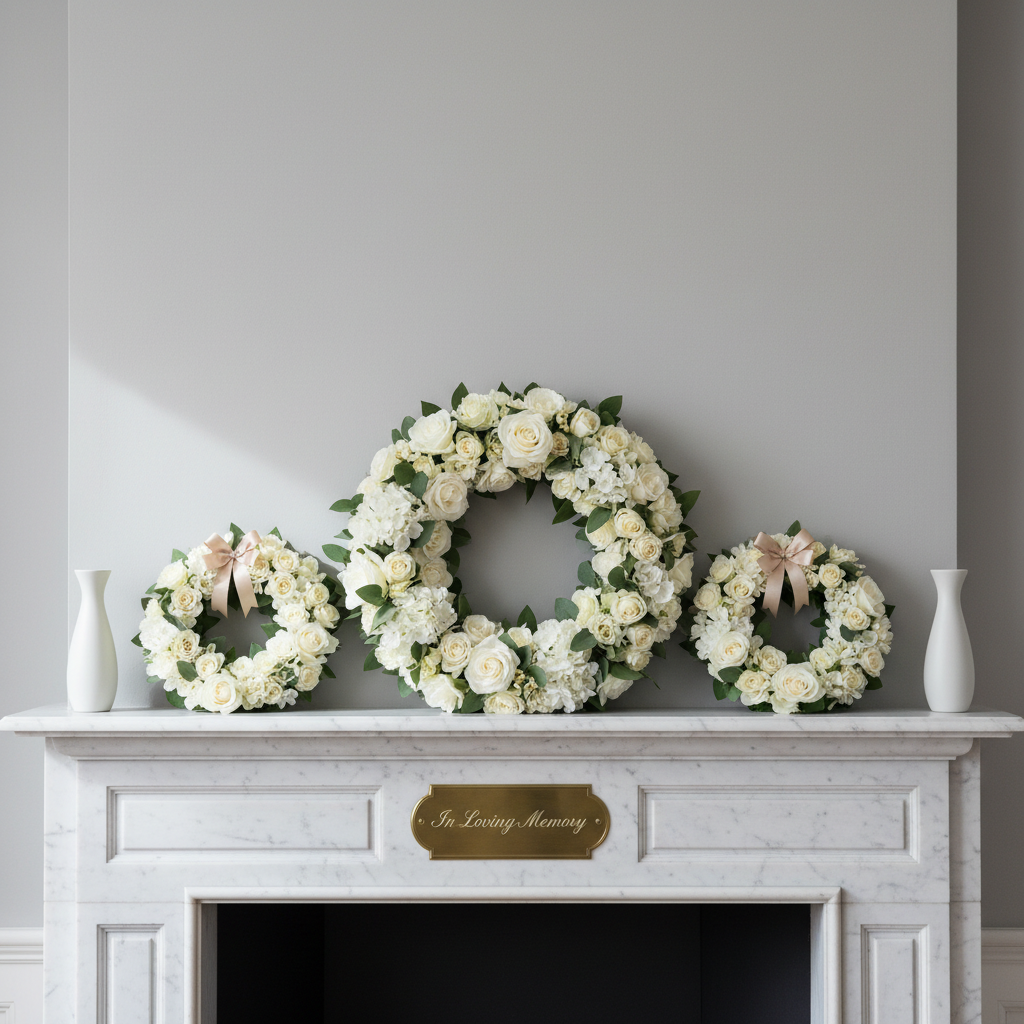 An elegant arrangement of white and cream floral wreaths placed on a refined stone mantel, designed for a memorial service. The wreaths incorporate roses, hydrangeas, and subtle greenery woven with satin ribbons in soft champagne tones. A small engraved brass plaque reading “In Loving Memory” rests at the base of the central wreath. Behind, a smooth, light-gray wall and minimal decor keep the focus on the flowers. Gentle overcast daylight from the side creates soft, even illumination, revealing delicate petal textures and casting minimal, graceful shadows. Shot straight on with balanced composition and moderate depth of field, the image exudes sophistication and quiet beauty, rendered in photographic realism with a calm, respectful atmosphere suitable for a celebration of life page.