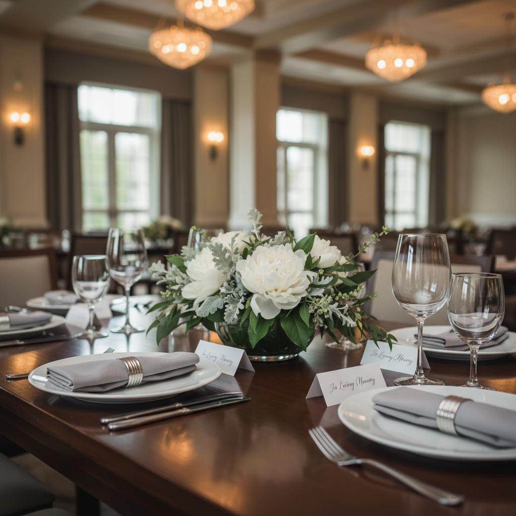 A beautifully arranged reception table prepared for a celebration of life, featuring fine white china plates, crystal water glasses, and neatly folded dove-gray linen napkins secured with subtle silver rings. At the center, a low floral centerpiece of white peonies, dusty miller, and soft greenery rests in a simple glass bowl. Delicate place cards with understated calligraphy are set near each setting. Warm pendant lights overhead create a soft golden glow, reflecting in the glassware and adding depth to the polished dark-wood tabletop. Photographed from a three-quarter angle with a shallow depth of field, the background shows a tastefully blurred upscale event space in neutral tones. The mood is intimate, respectful, and sophisticated, presented in clean photographic realism that highlights thoughtful details without feeling somber.