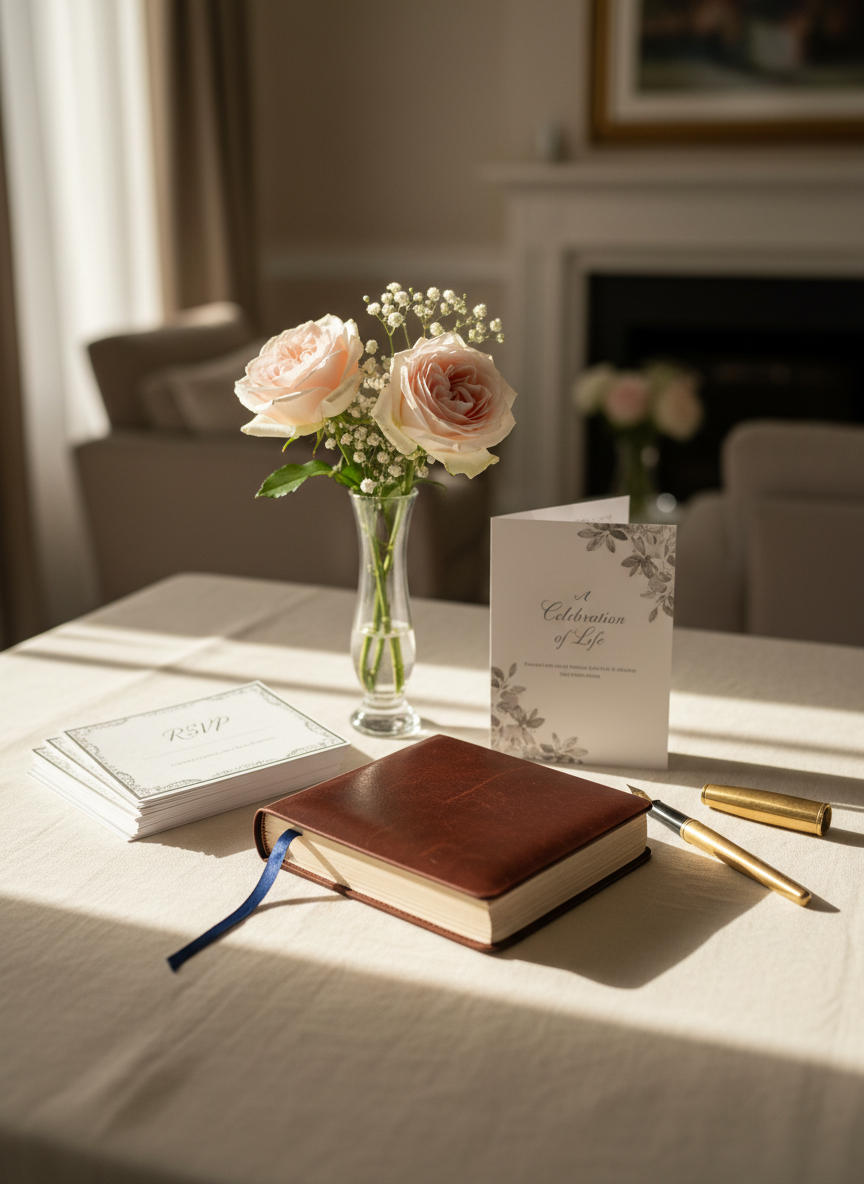 A serene memory table set for a celebration of life, featuring a closed leather-bound journal with a satin ribbon bookmark, an antique fountain pen, and a small stack of elegantly printed RSVP cards arranged on a soft linen runner. A slim glass vase holds a few pale garden roses and sprigs of baby’s breath, while a muted, folded program card labeled “A Celebration of Life” rests nearby. Soft, diffused daylight from an unseen window bathes the scene, casting delicate shadows and a warm, inviting glow. Captured from a slightly elevated angle in photographic realism, the background is intentionally blurred, hinting at a sophisticated, neutral-toned interior. The mood is reflective yet hopeful, conveying quiet reverence and thoughtful organization for a memorial gathering.