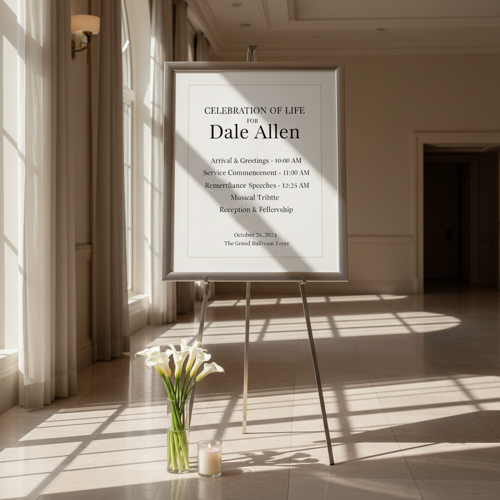 A refined, large-format memorial service schedule displayed in a brushed metal frame on an easel, positioned in the foyer of an elegant venue. The schedule features minimalist black typography on thick, off-white cardstock titled “Celebration of Life for Dale Allen.” At the base of the easel, a small arrangement of white calla lilies rests in a clear glass cylinder, accompanied by a single lit votive candle in a frosted holder. Soft, indirect daylight from tall nearby windows creates a gentle, diffused ambience, with subtle reflections on the metal frame and faint shadows on the polished stone floor. Captured at an eye-level angle in photographic realism, the composition is centered and uncluttered, conveying organization, clarity, and quiet sophistication appropriate for guests arriving to honor a life well lived.