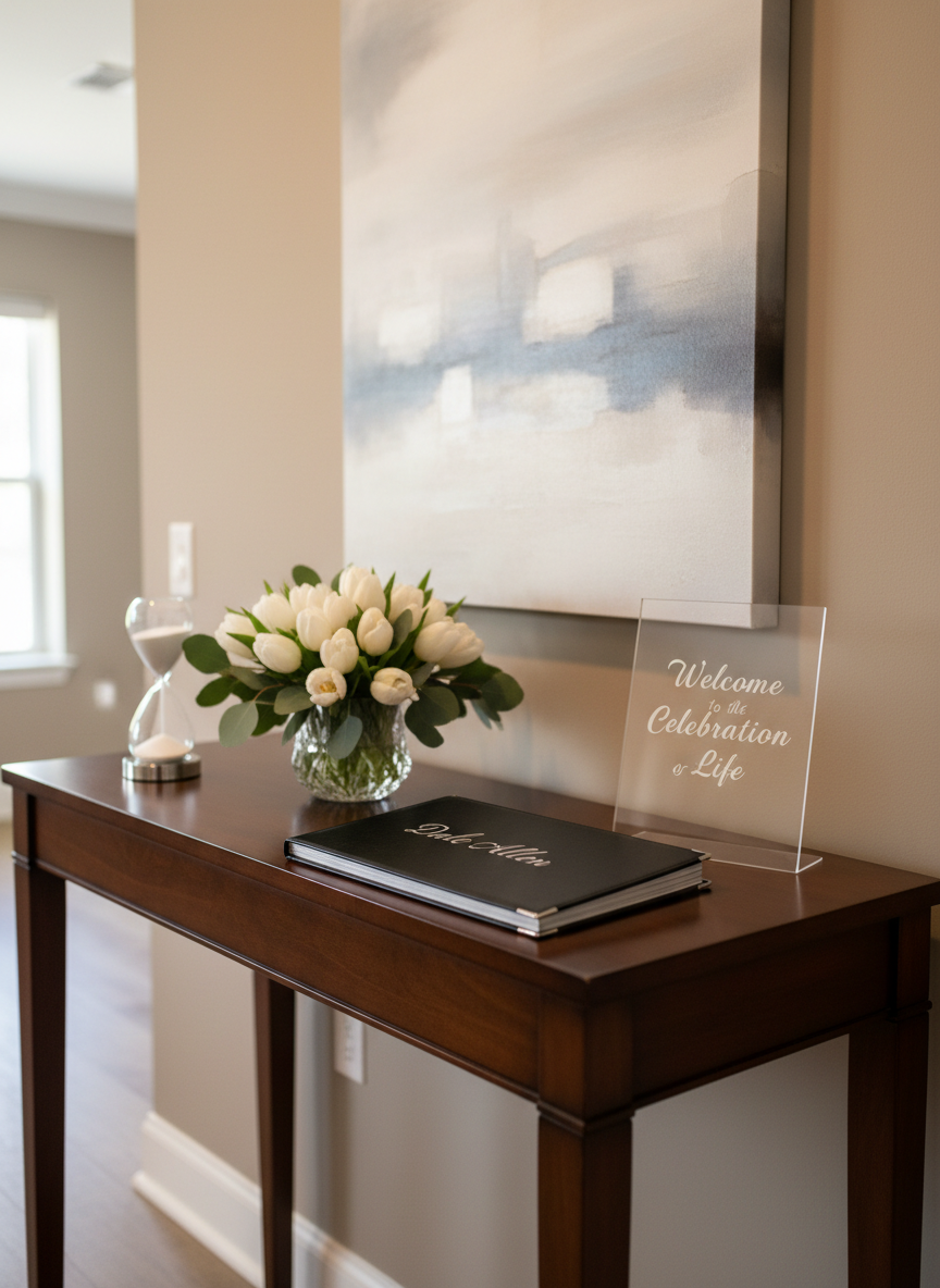 A polished welcome console at the entrance to a celebration of life for Dale Allen, featuring a sleek black guestbook with silver-edged pages, an understated acrylic sign reading “Welcome to the Celebration of Life,” and a short crystal vase holding a compact arrangement of white tulips and greenery. A small, minimalist sand timer sits to one side, its fine grains mid-fall, symbolizing the passage of time. The console rests against a soft taupe wall, with an abstract, muted artwork blurred in the background. Soft, overhead ambient lighting combines with mild natural light, creating balanced illumination and gentle reflections on the glass and acrylic surfaces. Photographed at eye level in photographic realism with moderate depth of field, the mood is quietly graceful, organized, and welcoming.