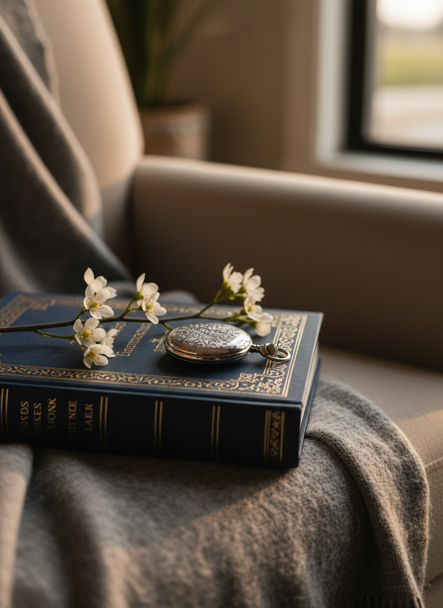A sophisticated memorial keepsake arrangement featuring a vintage silver pocket watch resting atop a closed navy-blue cloth-bound book with embossed detailing, both placed on a soft gray cashmere throw. A delicate sprig of white waxflowers lies diagonally across the book’s cover, adding a gentle, organic touch. The scene is set on a plush, neutral-toned armchair near a large window, with late-afternoon natural light streaming in, creating gentle highlights on the metal watch case and subtle shadows in the folds of the fabric. Shot at a close, three-quarter angle with a shallow depth of field in photographic realism, the background dissolves into a soft blur, suggesting a calm, private corner. The mood is intimate, reflective, and dignified, suggesting cherished memories and a life richly lived.